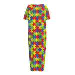 Autism Awareness Puzzle Pattern Print Short Sleeve Long Nightdress