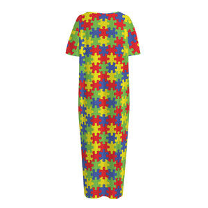 Autism Awareness Puzzle Pattern Print Short Sleeve Long Nightdress