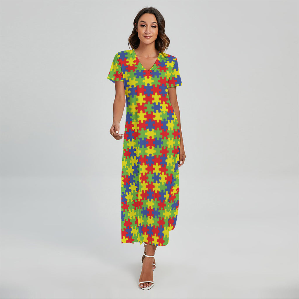 Autism Awareness Puzzle Pattern Print Short Sleeve Maxi Dress