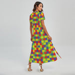 Autism Awareness Puzzle Pattern Print Short Sleeve Maxi Dress