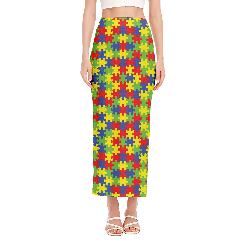 Autism Awareness Puzzle Pattern Print Side Slit Maxi Skirt