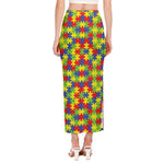 Autism Awareness Puzzle Pattern Print Side Slit Maxi Skirt