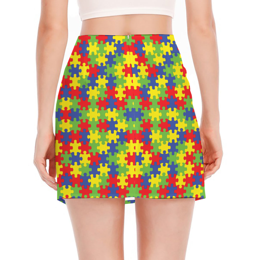 Autism Awareness Puzzle Pattern Print Side Slit Mini Skirt