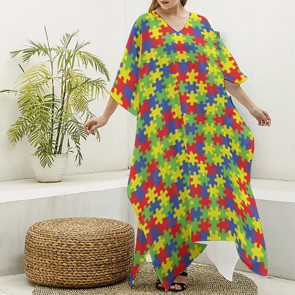 Autism Awareness Puzzle Pattern Print Silk V-Neck Kaftan Dress