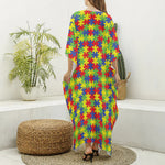 Autism Awareness Puzzle Pattern Print Silk V-Neck Kaftan Dress