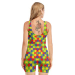 Autism Awareness Puzzle Pattern Print Sleeveless One Piece Swimsuit