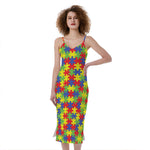 Autism Awareness Puzzle Pattern Print Slim Fit Midi Cami Dress