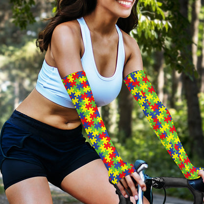 Autism Awareness Puzzle Pattern Print Sun Protection Arm Sleeves