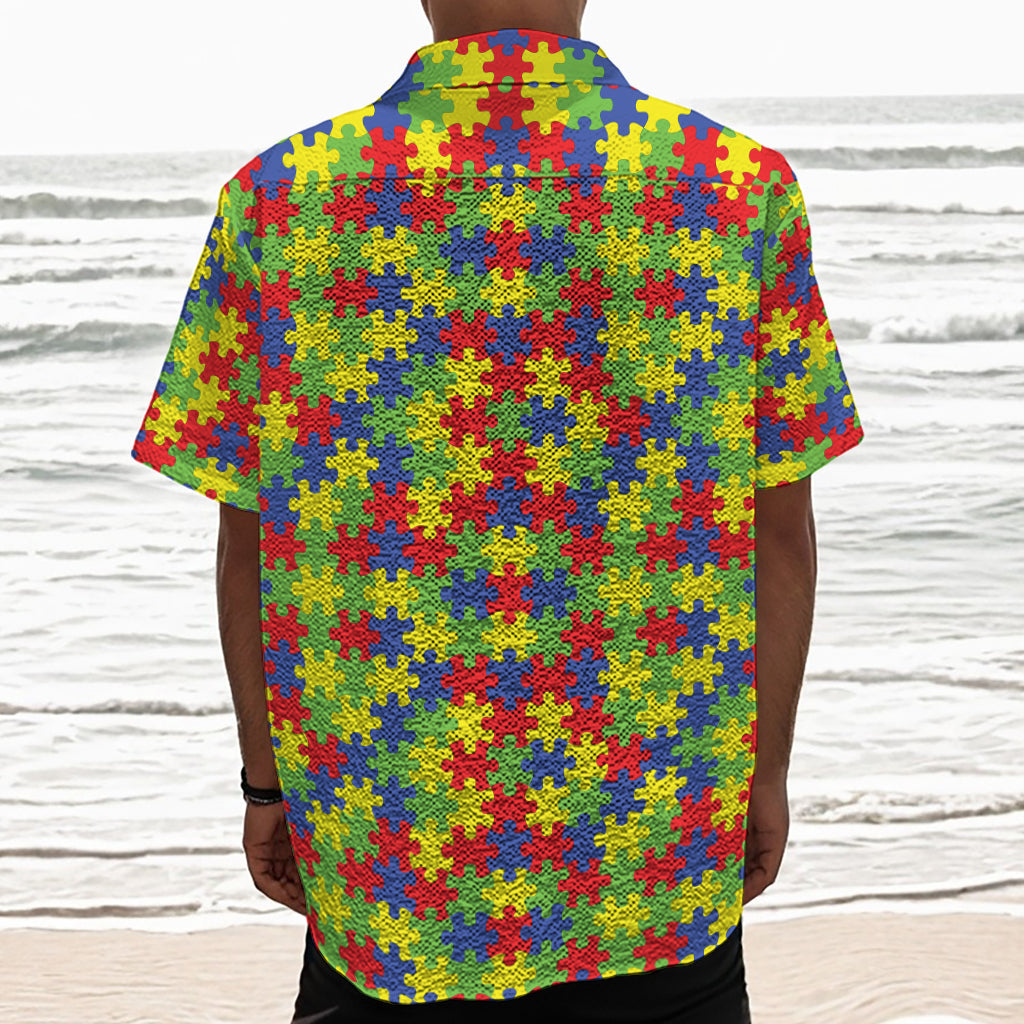 Autism Awareness Puzzle Pattern Print Textured Short Sleeve Shirt