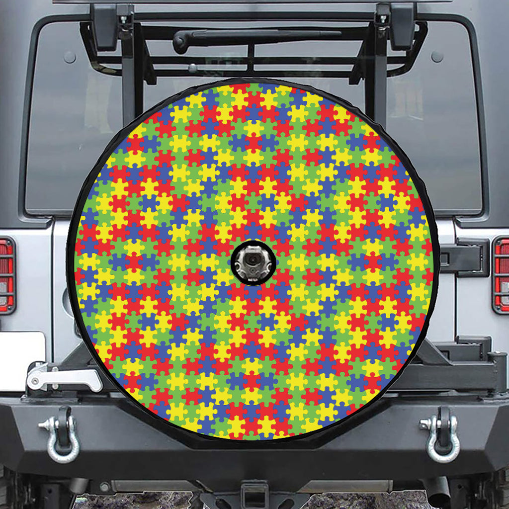Autism Awareness Puzzle Pattern Print Tire Cover With Camera Hole