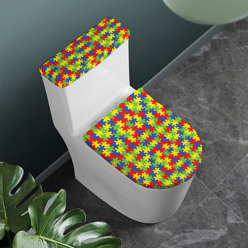 Autism Awareness Puzzle Pattern Print Toilet Lid And Tank Cover Set
