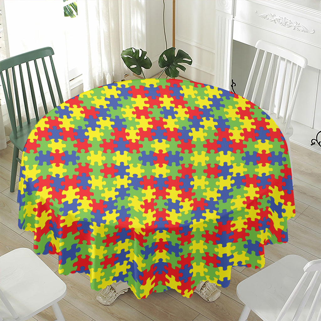 Autism Awareness Puzzle Pattern Print Waterproof Round Tablecloth