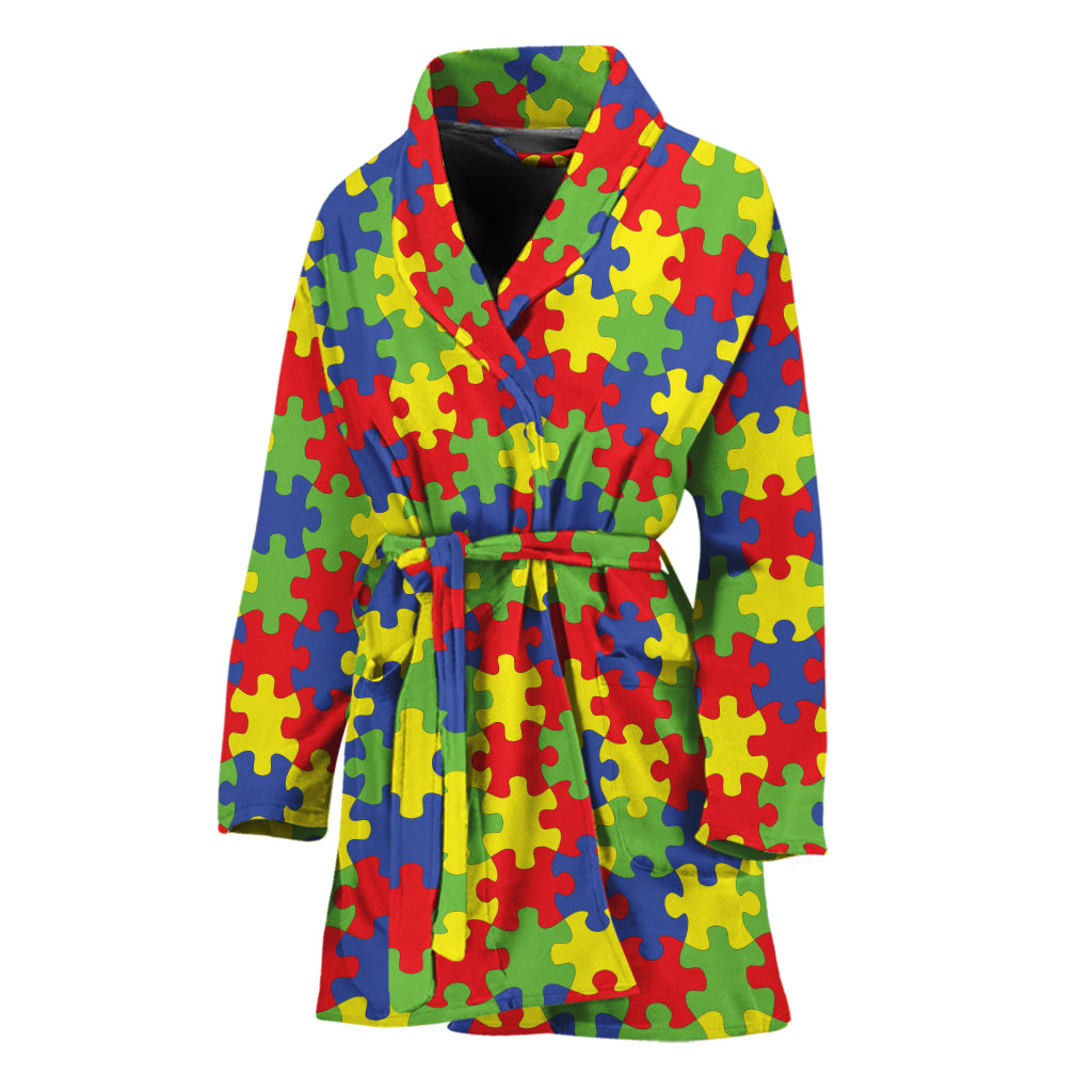 Autism Awareness Puzzle Pattern Print Women's Bathrobe