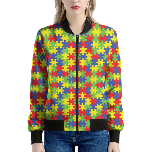 Autism Awareness Puzzle Pattern Print Women's Bomber Jacket