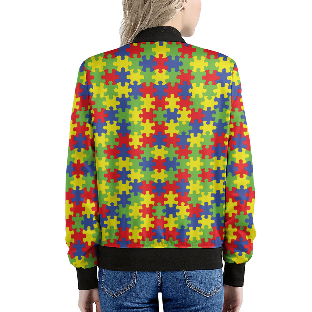 Autism Awareness Puzzle Pattern Print Women's Bomber Jacket