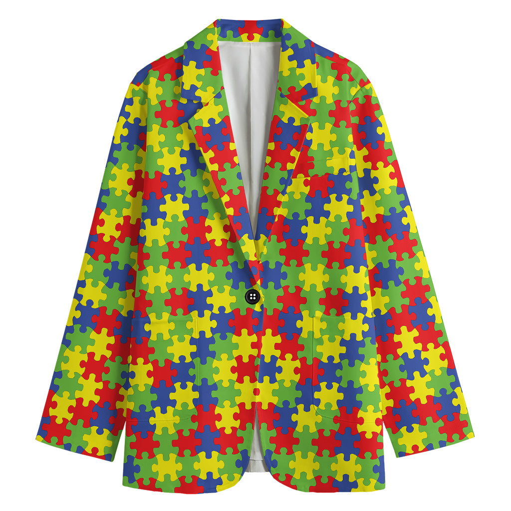 Autism Awareness Puzzle Pattern Print Women's Cotton Blazer