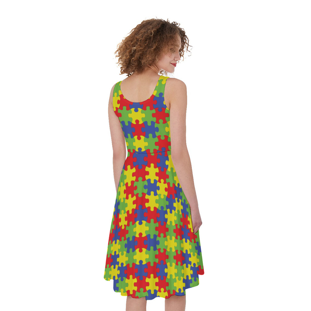Autism Awareness Puzzle Pattern Print Women's Sleeveless Dress