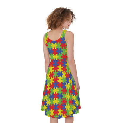 Autism Awareness Puzzle Pattern Print Women's Sleeveless Dress