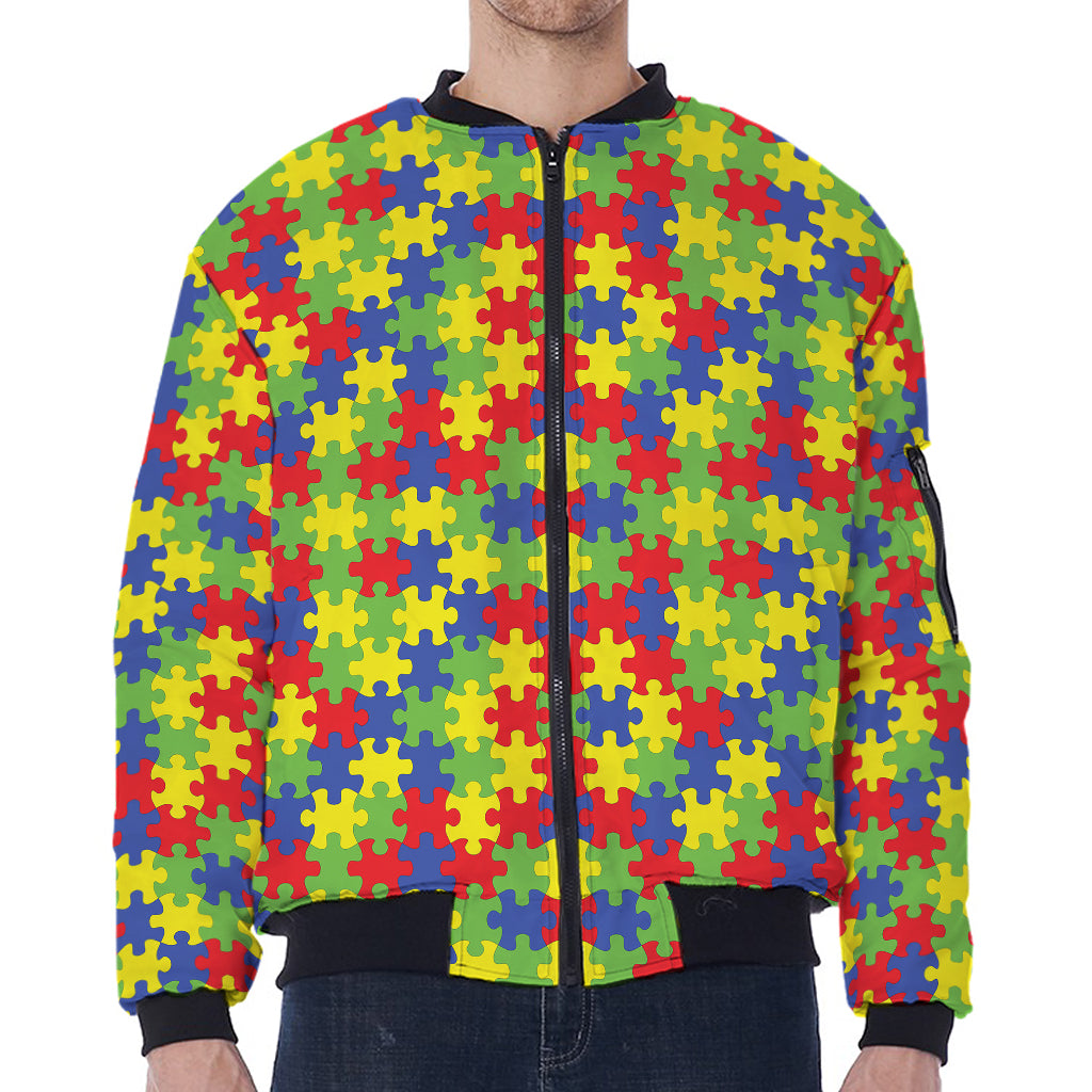 Autism Awareness Puzzle Pattern Print Zip Sleeve Bomber Jacket