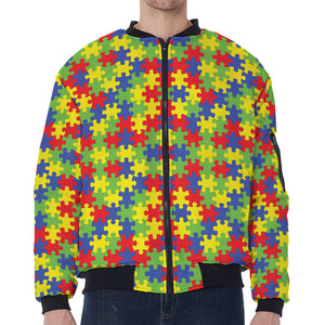 Autism Awareness Puzzle Pattern Print Zip Sleeve Bomber Jacket