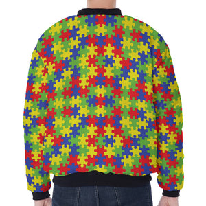 Autism Awareness Puzzle Pattern Print Zip Sleeve Bomber Jacket