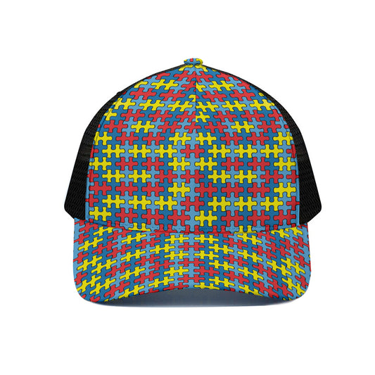 Autism Awareness Puzzle Print Black Mesh Trucker Cap
