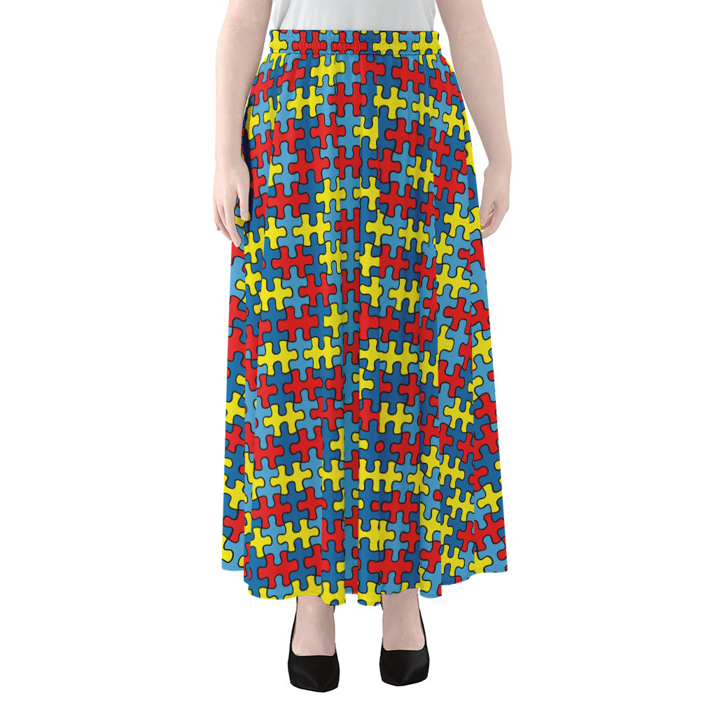 Autism Awareness Puzzle Print Chiffon Maxi Skirt