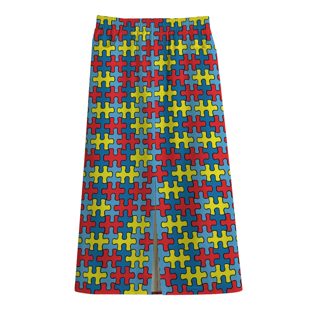 Autism Awareness Puzzle Print Cotton Front Slit Maxi Skirt