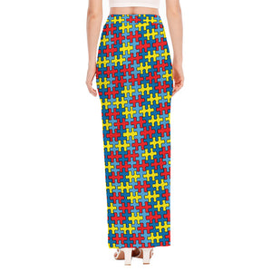 Autism Awareness Puzzle Print High Slit Maxi Skirt