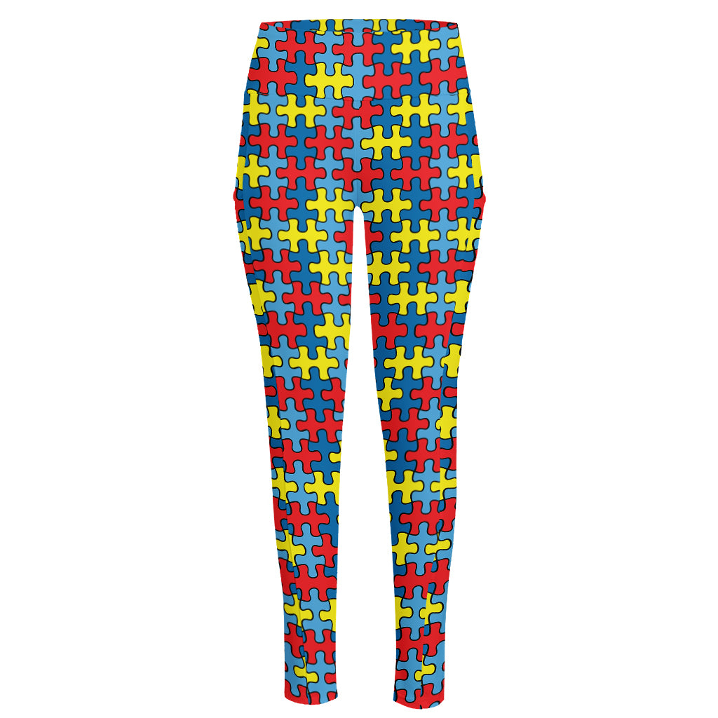 Autism Awareness Puzzle Print High-Waisted Pocket Leggings