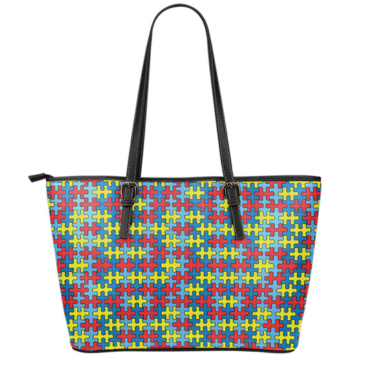 Autism Awareness Puzzle Print Leather Tote Bag