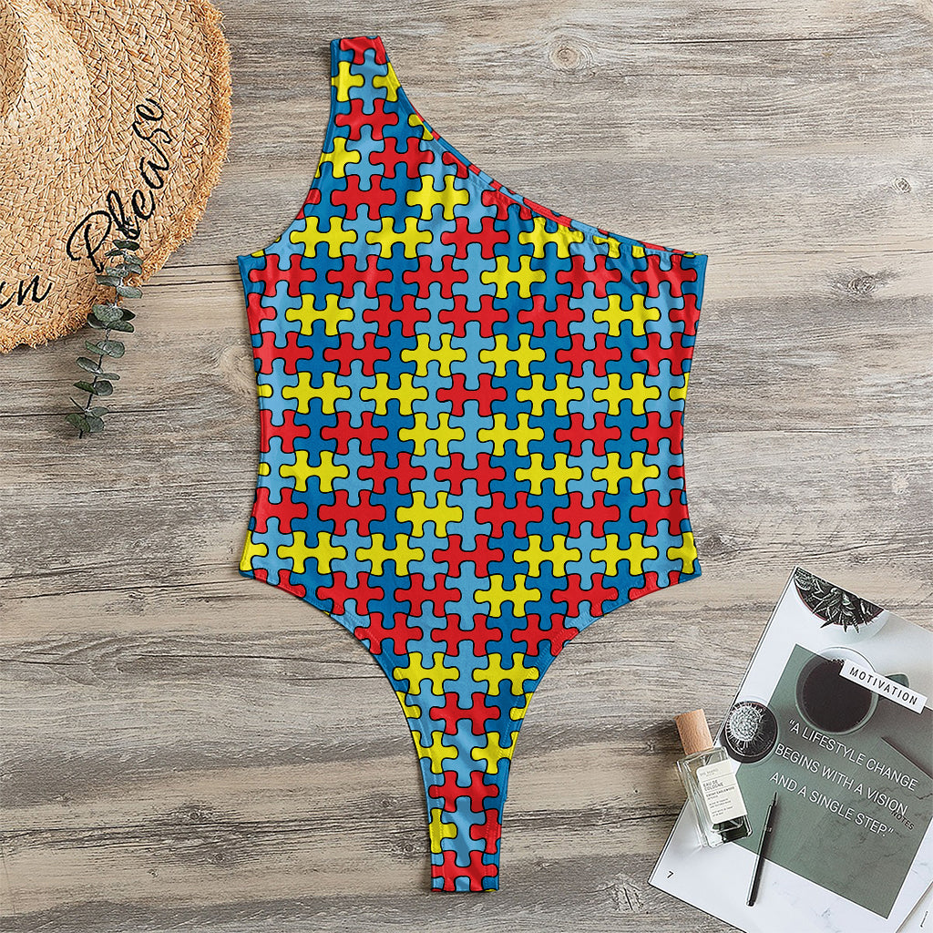 Autism Awareness Puzzle Print One Shoulder Bodysuit