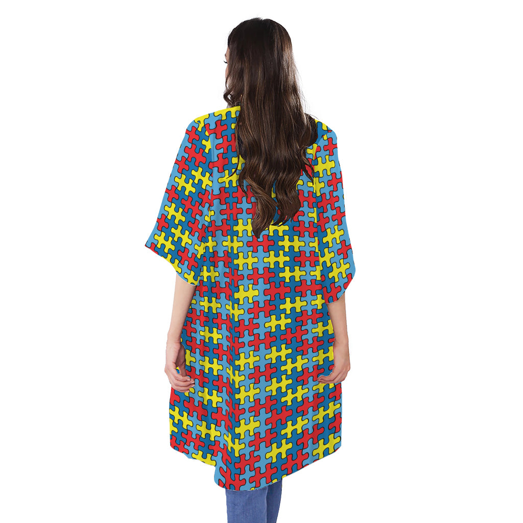 Autism Awareness Puzzle Print Open Front Beach Cover Up