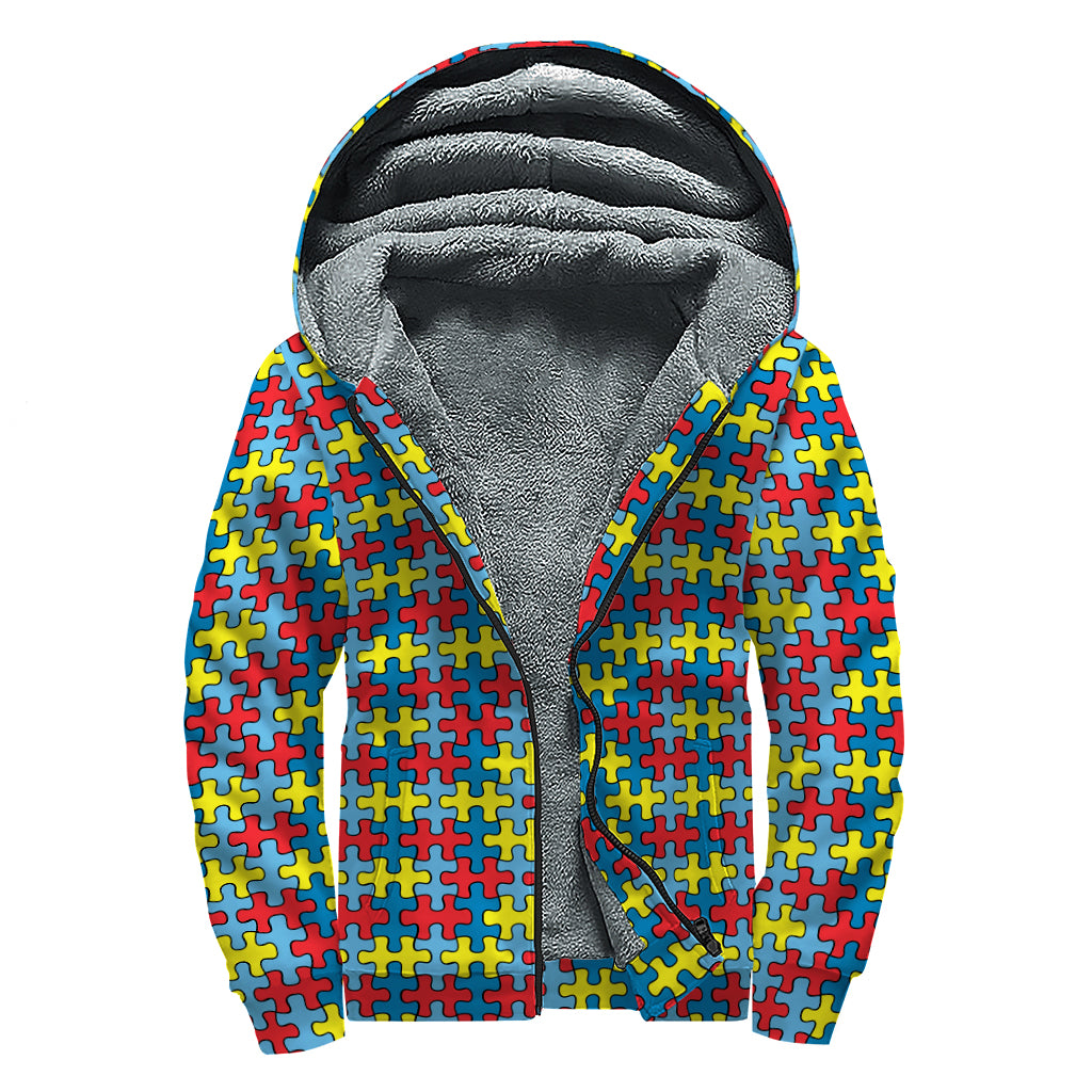 Autism Awareness Puzzle Print Sherpa Lined Zip Up Hoodie