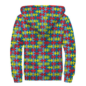 Autism Awareness Puzzle Print Sherpa Lined Zip Up Hoodie