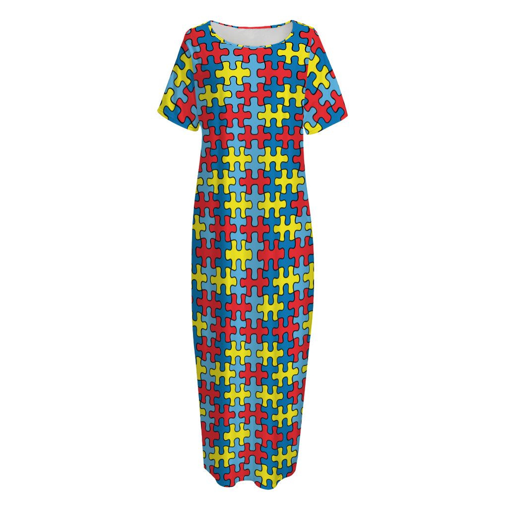 Autism Awareness Puzzle Print Short Sleeve Long Nightdress