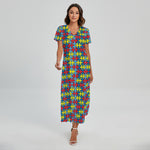 Autism Awareness Puzzle Print Short Sleeve Maxi Dress