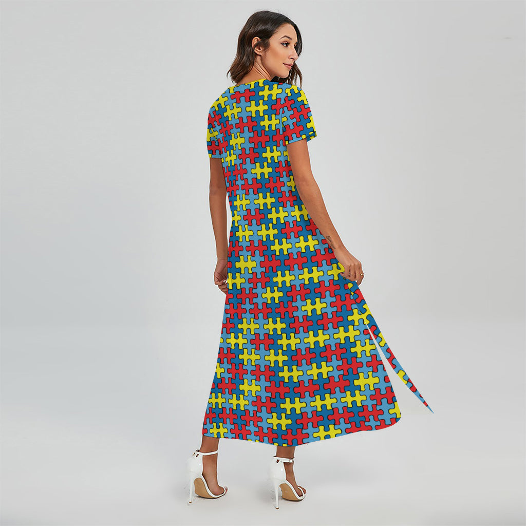 Autism Awareness Puzzle Print Short Sleeve Maxi Dress