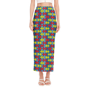 Autism Awareness Puzzle Print Side Slit Maxi Skirt