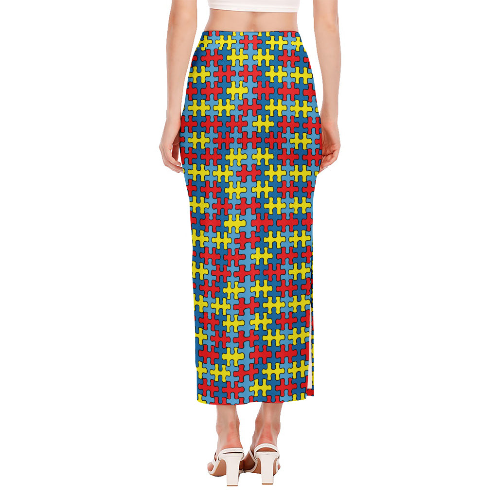 Autism Awareness Puzzle Print Side Slit Maxi Skirt