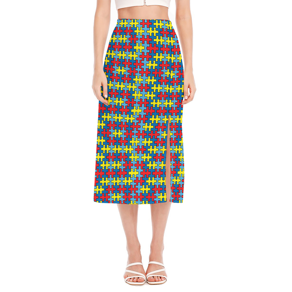 Autism Awareness Puzzle Print Side Slit Midi Skirt