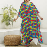 Autism Awareness Puzzle Print Silk V-Neck Kaftan Dress