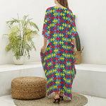 Autism Awareness Puzzle Print Silk V-Neck Kaftan Dress