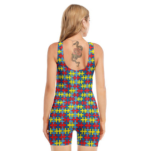 Autism Awareness Puzzle Print Sleeveless One Piece Swimsuit