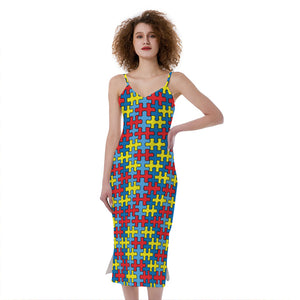 Autism Awareness Puzzle Print Slim Fit Midi Cami Dress