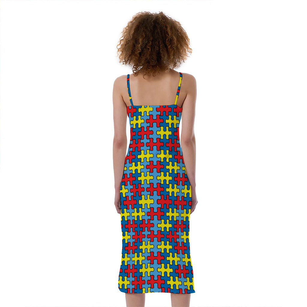 Autism Awareness Puzzle Print Slim Fit Midi Cami Dress