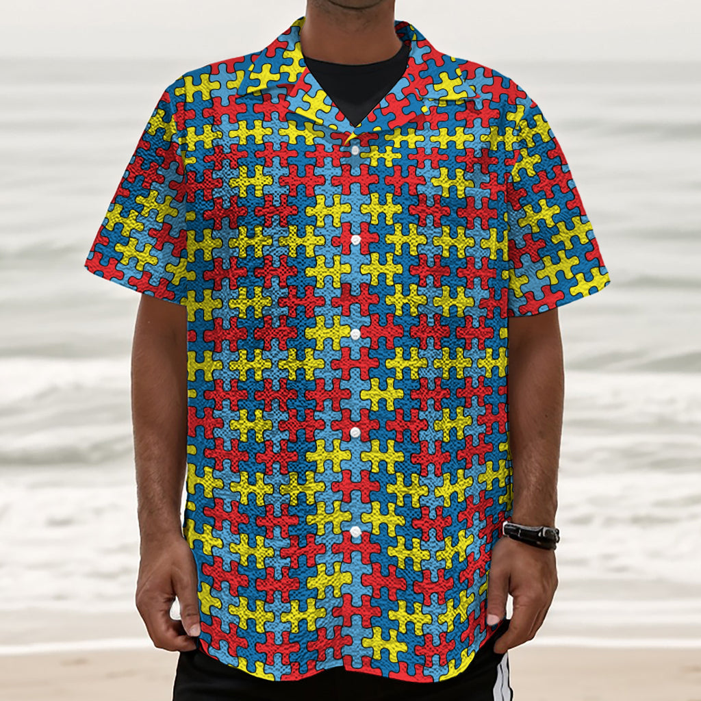 Autism Awareness Puzzle Print Textured Short Sleeve Shirt