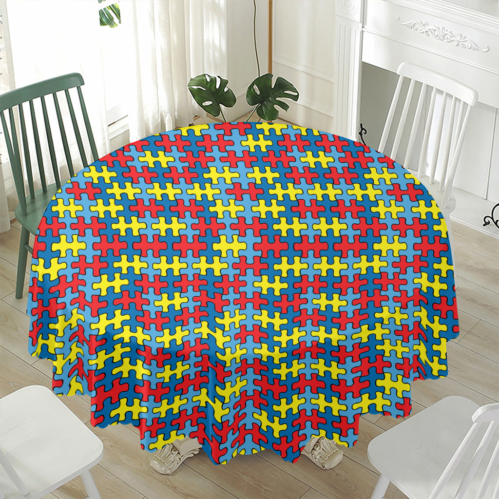 Autism Awareness Puzzle Print Waterproof Round Tablecloth