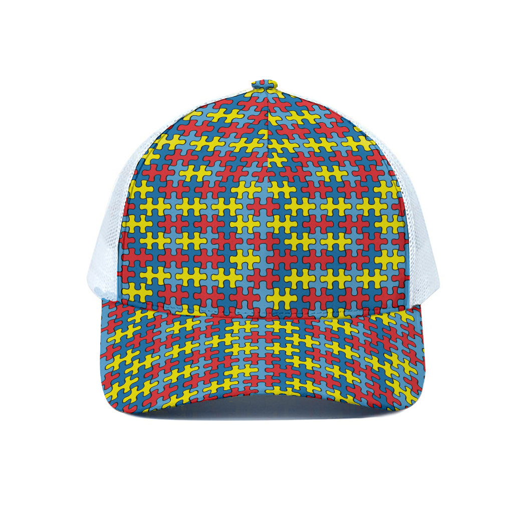 Autism Awareness Puzzle Print White Mesh Trucker Cap