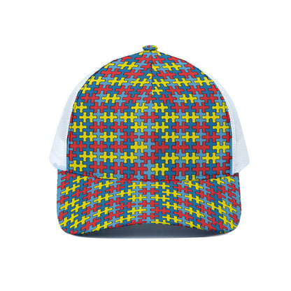 Autism Awareness Puzzle Print White Mesh Trucker Cap